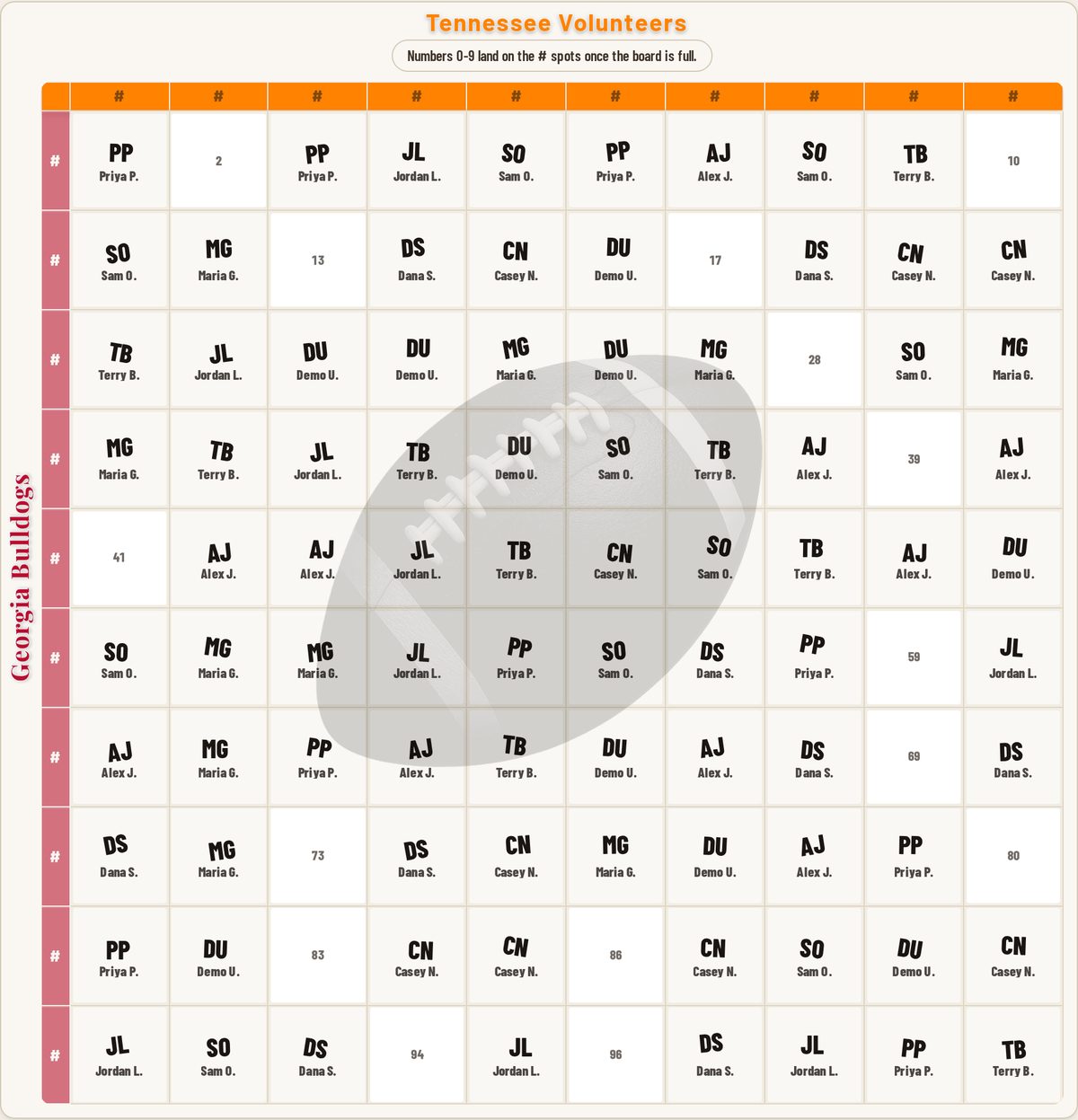 Squares board with several open squares still available, showing which squares are claimed and which are free to pick