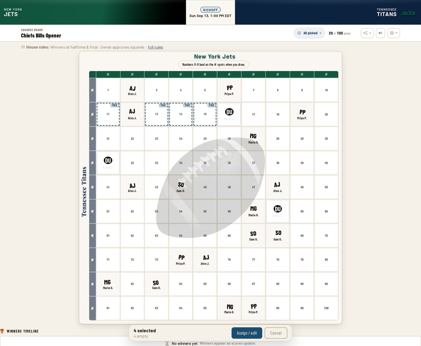 A board owner with four squares selected and the quick edit bar open showing assign and clear actions